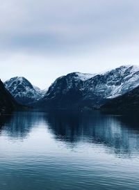 Scenic view of lake and snowcapped mountains against sky