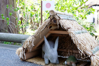 Close-up of figurines in hut