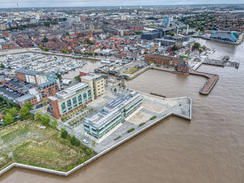 High angle view of buildings in city