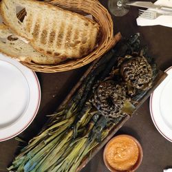 High angle view of bread in basket on table