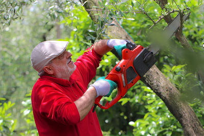 Side view of man holding red plant