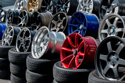 Close-up of car parts for sale