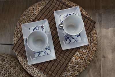 High angle view of coffee cup on table