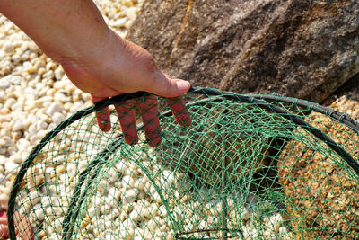 Close-up of hand holding fishing net
