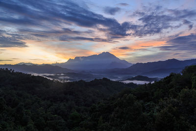 High angle view of landscape against sky during sunset