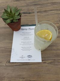 High angle view of drink on table