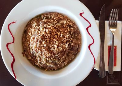 High angle view of dessert in plate on table