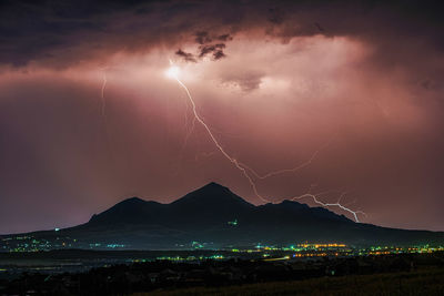 Scenic view of illuminated mountain against sky at night