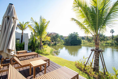 Terrace scenic view of lake against sky