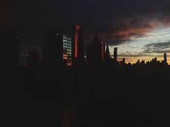 View of city lit up at night