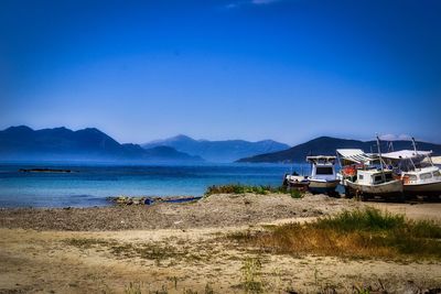 Scenic view of sea against clear blue sky