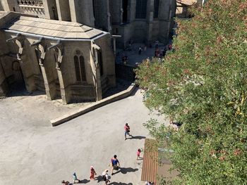 High angle view of people in city