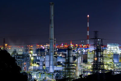 Illuminated factory against sky at night