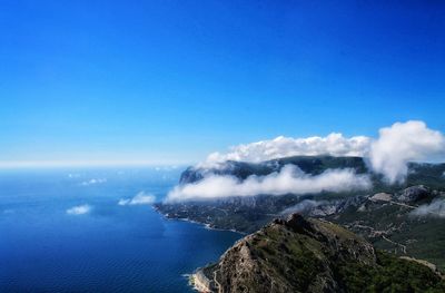 Aerial view of sea against clear blue sky