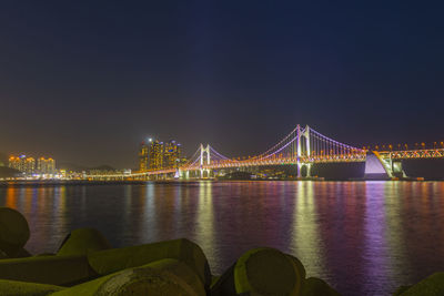 Illuminated bridge over river at night