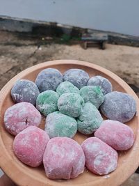High angle view of multi colored candies on table