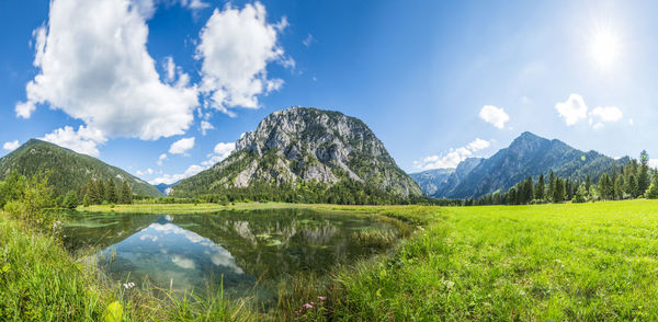 Panoramic view of lake and mountains against sky