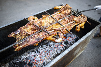 Close-up of meat on barbecue grill