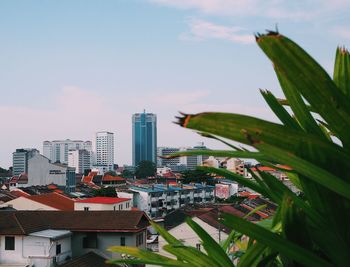 High angle view of buildings against sky