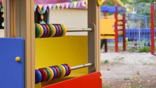 Close-up of multi colored pencils in playground