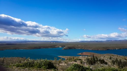 High angle view of calm countryside lake