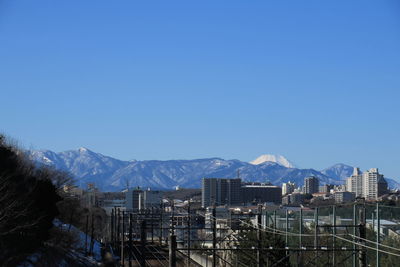 Scenic view of mountains against blue sky