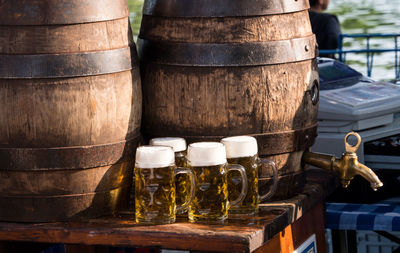 Close-up of beer bottles on table