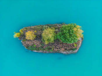 View of little islands on a turquoise lake. landscape from the drone. turquoise lakes,