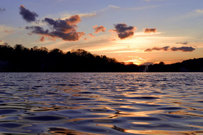 Scenic view of lake against sky at sunset