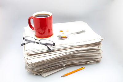 High angle view of coffee cup on table