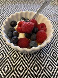 High angle view of breakfast served on table