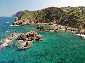 Scenic view of sea and rocks against sky