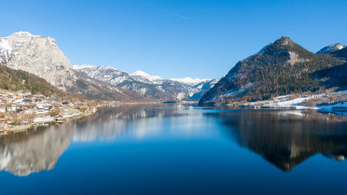 Scenic view of lake and snowcapped mountains against sky