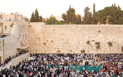 High angle view of people at historical building