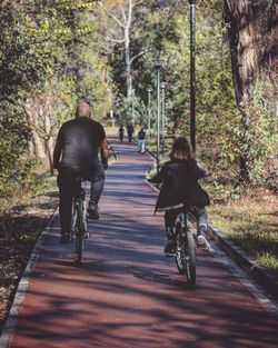 Rear view of people riding bicycle