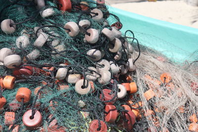 High angle view of fishing net by sea