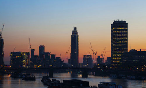 City at waterfront during sunset