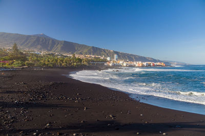 Scenic view of beach against clear blue sky