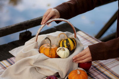 Picnic with fruits, pumpkins and pie outdoor woman hands