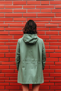 Rear view of woman standing against brick wall