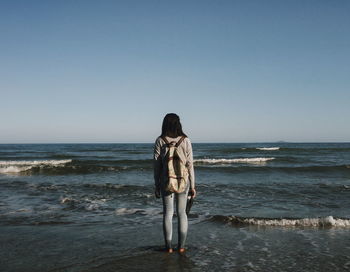 Full length rear view of woman with backpack standing on beach against clear sky