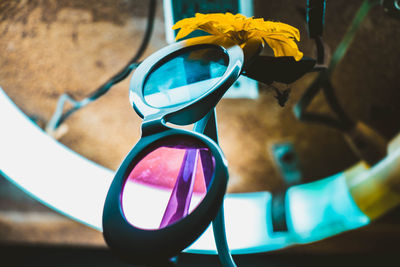 High angle view of clothes hanging on metal
