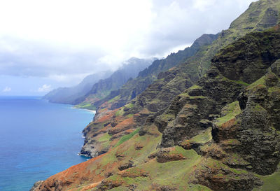 Scenic view of sea and mountains against sky