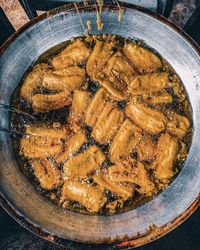 High angle view of ice cream in cooking pan