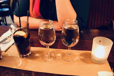 Close-up of beer glass on table at restaurant