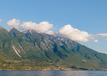 Scenic view of lake by mountains against sky