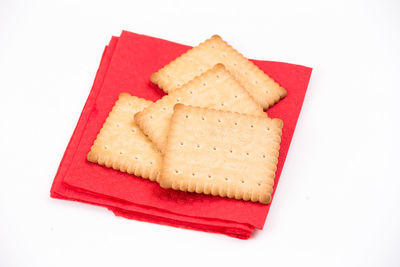 High angle view of cake on white background