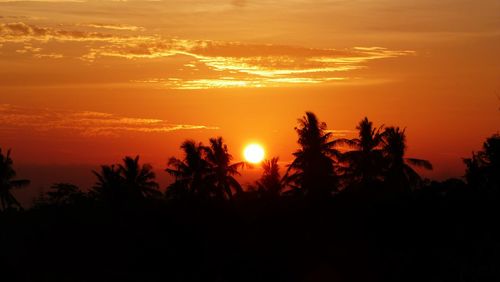 Silhouette trees on landscape against orange sky