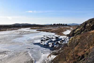 Scenic view of snow covered land against sky