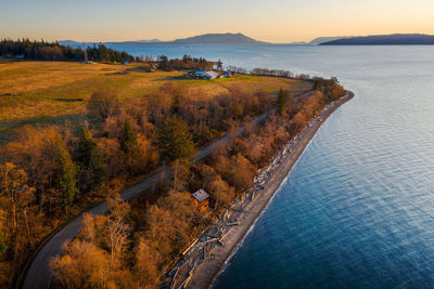 High angle view of sea shore against sky during sunset